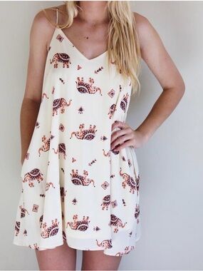 Elephant Print Cream Spaghetti Strap Dress with pockets